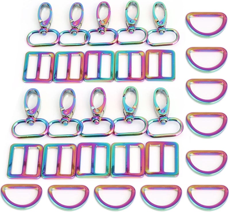 PECMER 30 Pcs Rainbow Purse Hardware for Bag Making Swivel Hooks 1 Inch D Rings for Purse Strap Dog Collar Handbags Buckles Replacement Belt Making Supplies 25mm 10 Set Colorful(30 pcs Rainbow) - Image 1